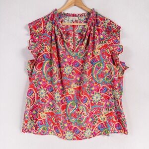Chenault Top Blouse 3X Pink Paisley Ruffles Lightweight Maximalist Flowy
